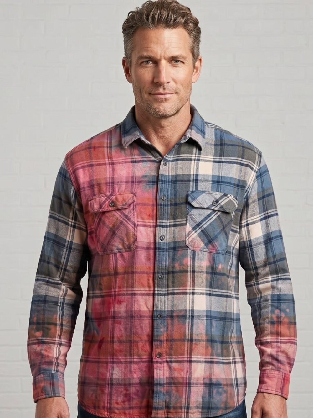 DIP Size 3XTL Tie Dyed Cotton Flannel Shirt Button Up Shacket Blue Red Handmade